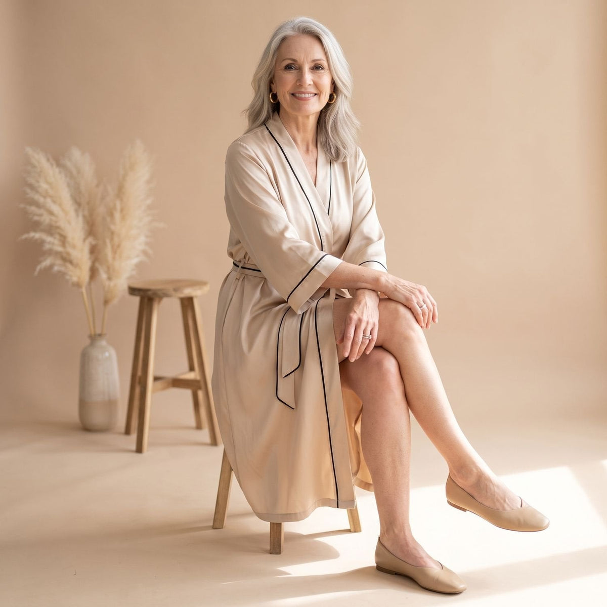 Coco | Women's Satin Long Sleeve Shawl Collar Contrast Piping Belted Robe