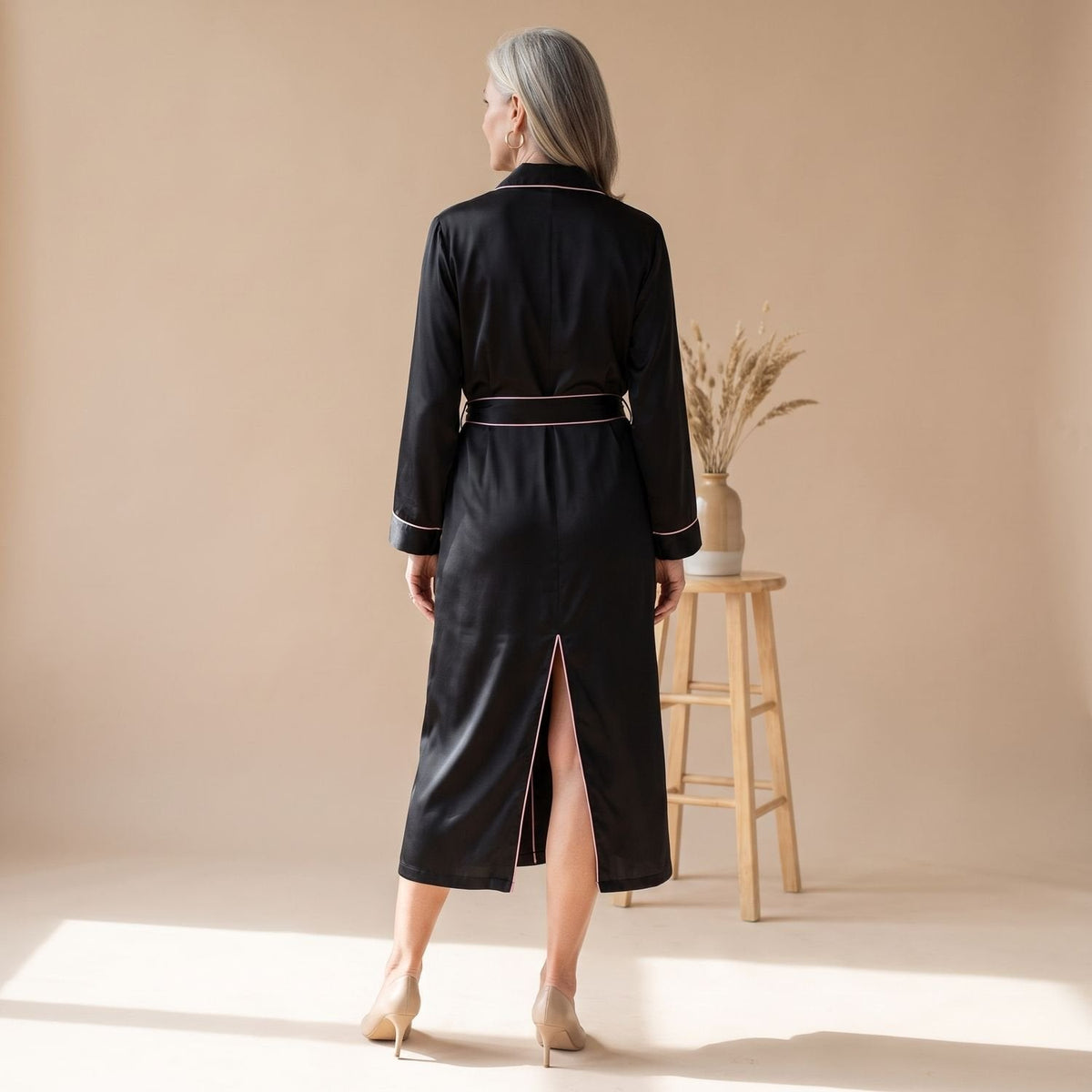 Coco | Women's Satin Long Sleeve Shawl Collar Contrast Piping Belted Robe