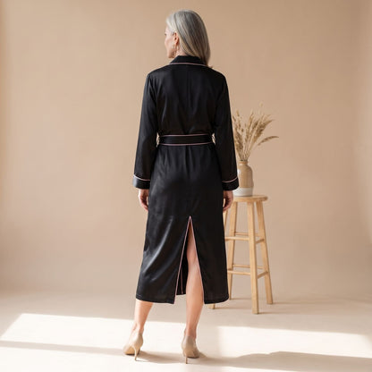 Coco | Women's Satin Long Sleeve Shawl Collar Contrast Piping Belted Robe