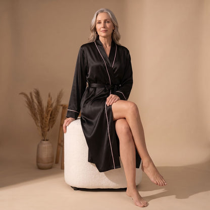 Coco | Women's Satin Long Sleeve Shawl Collar Contrast Piping Belted Robe