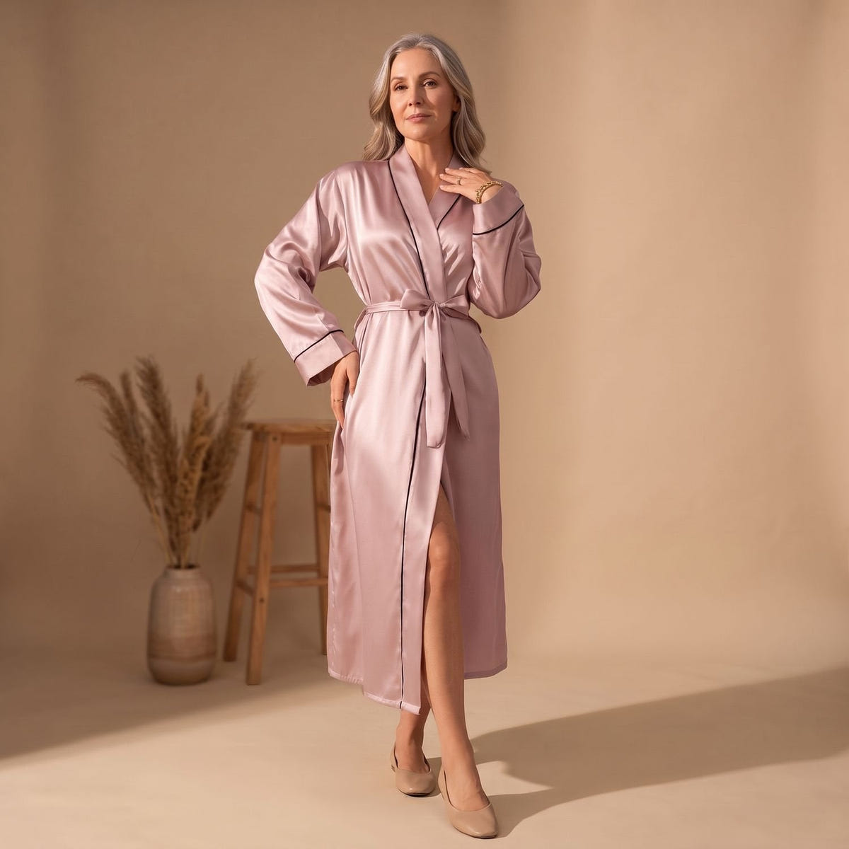 Coco | Women's Satin Long Sleeve Shawl Collar Contrast Piping Belted Robe
