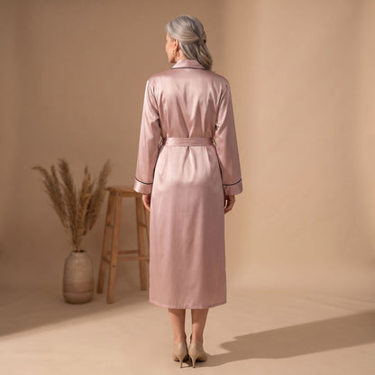 Coco | Women's Satin Long Sleeve Shawl Collar Contrast Piping Belted Robe