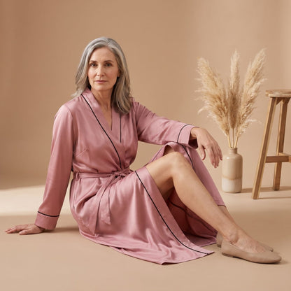 Coco | Women's Satin Long Sleeve Shawl Collar Contrast Piping Belted Robe
