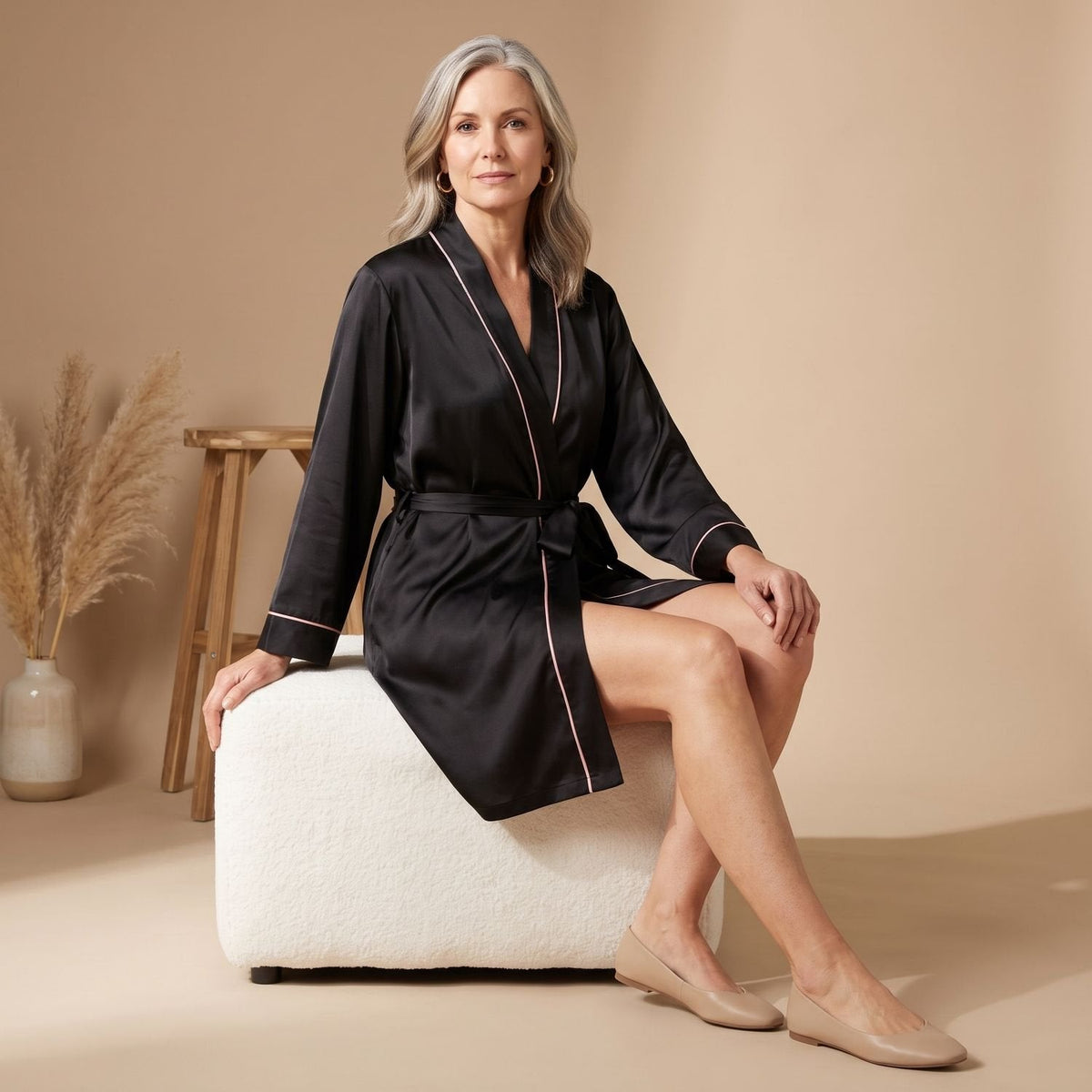 Coco | Women's Satin Long Sleeve Shawl Collar Contrast Piping Belted Robe