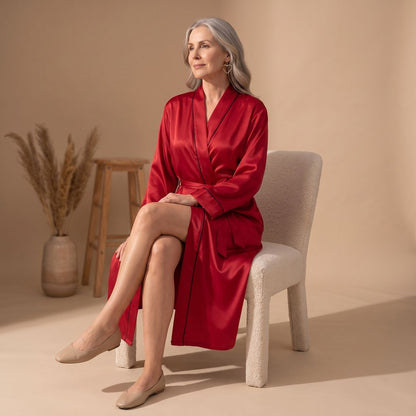 Coco | Women's Satin Long Sleeve Shawl Collar Contrast Piping Belted Robe