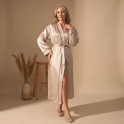 Coco | Women's Satin Long Sleeve Shawl Collar Contrast Piping Belted Robe
