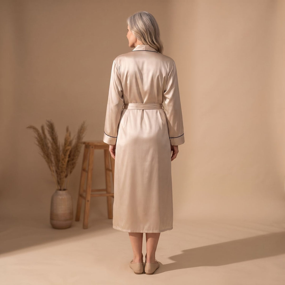 Coco | Women's Satin Long Sleeve Shawl Collar Contrast Piping Belted Robe