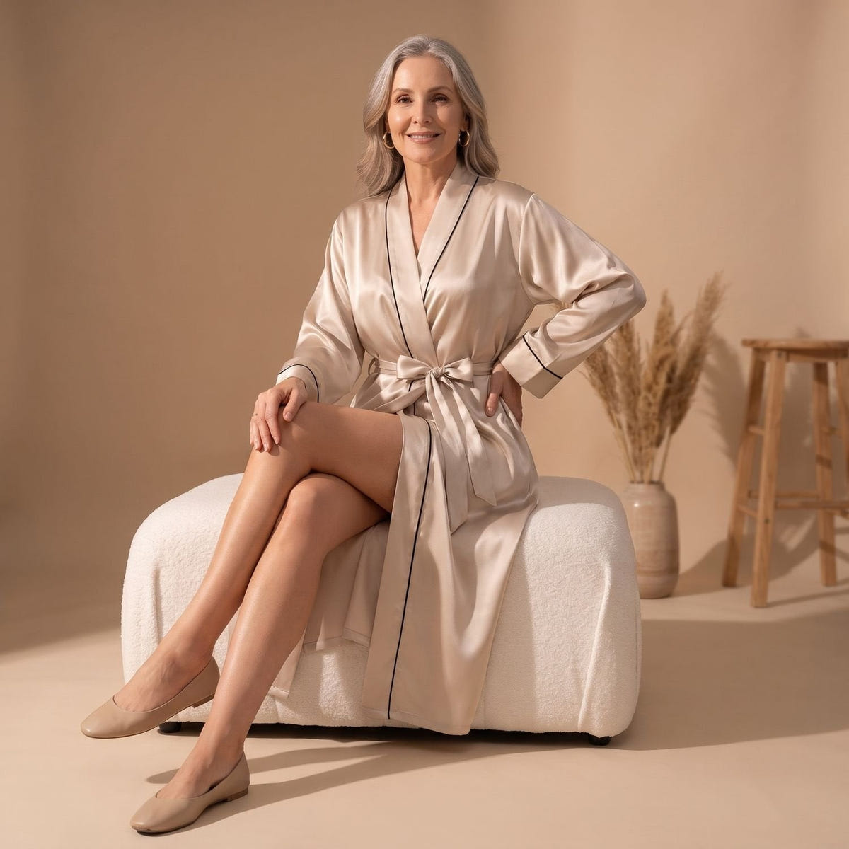 Coco | Women's Satin Long Sleeve Shawl Collar Contrast Piping Belted Robe