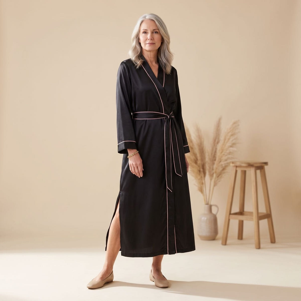 Coco | Women's Satin Long Sleeve Shawl Collar Contrast Piping Belted Robe