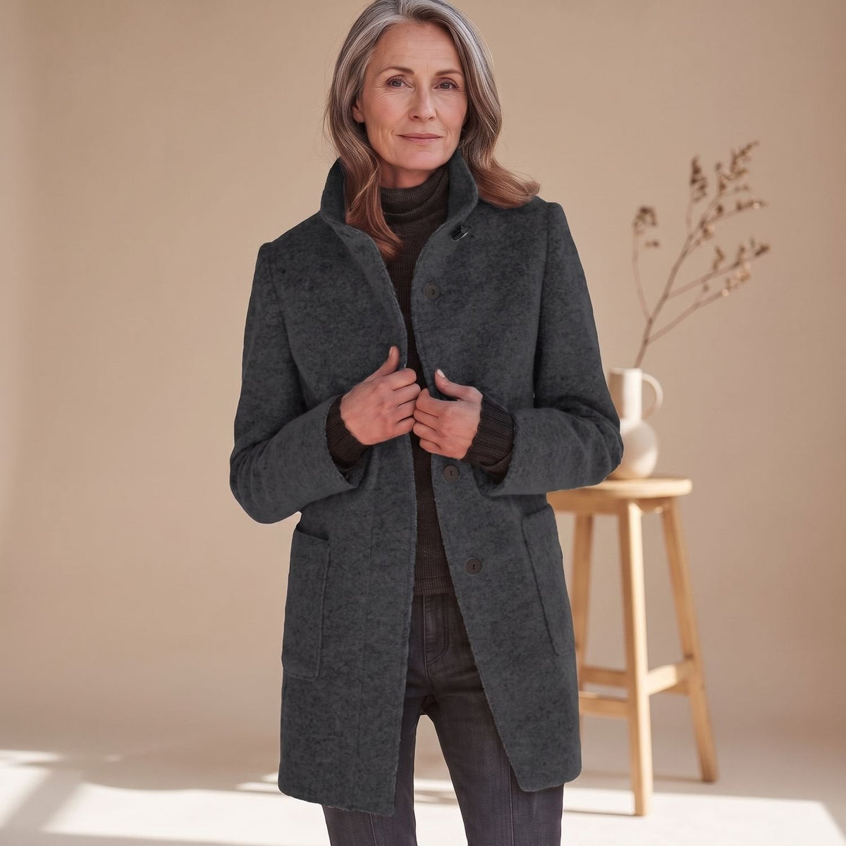 Dara | Women's Stand Collar Wool-Blend Patch Pocket Winter Coat
