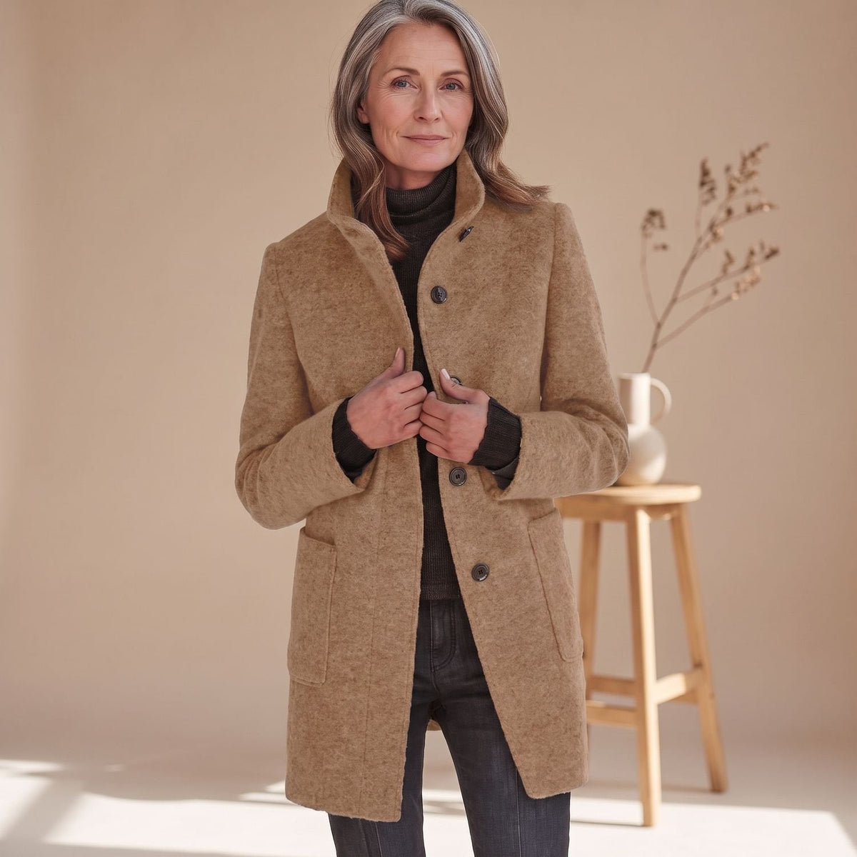 Dara | Women's Stand Collar Wool-Blend Patch Pocket Winter Coat
