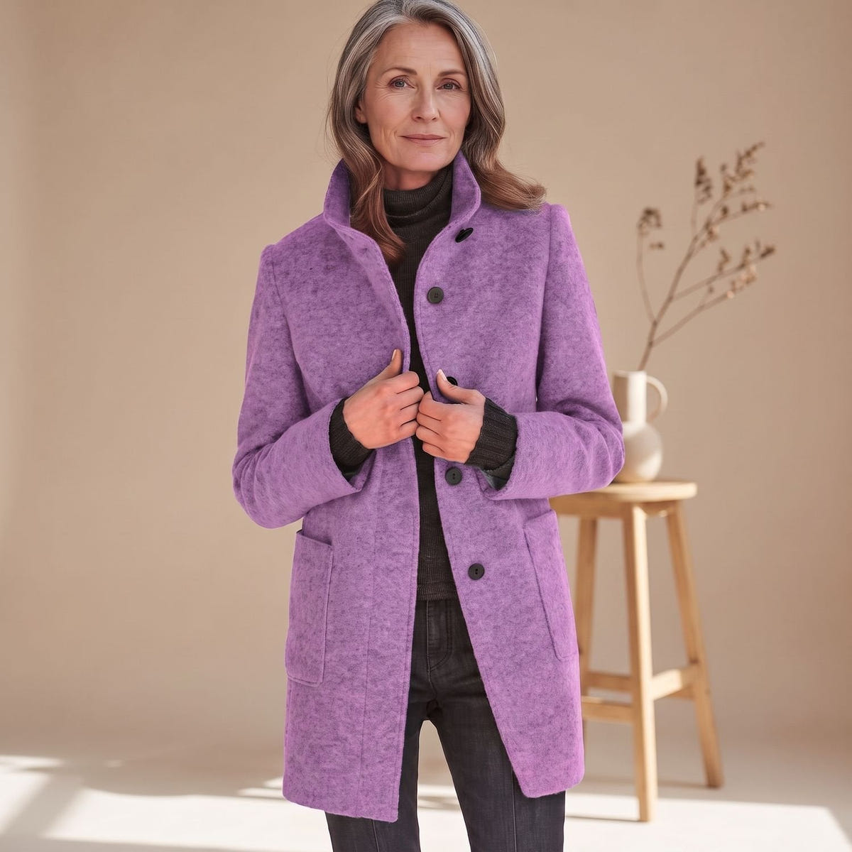 Dara | Women's Stand Collar Wool-Blend Patch Pocket Winter Coat