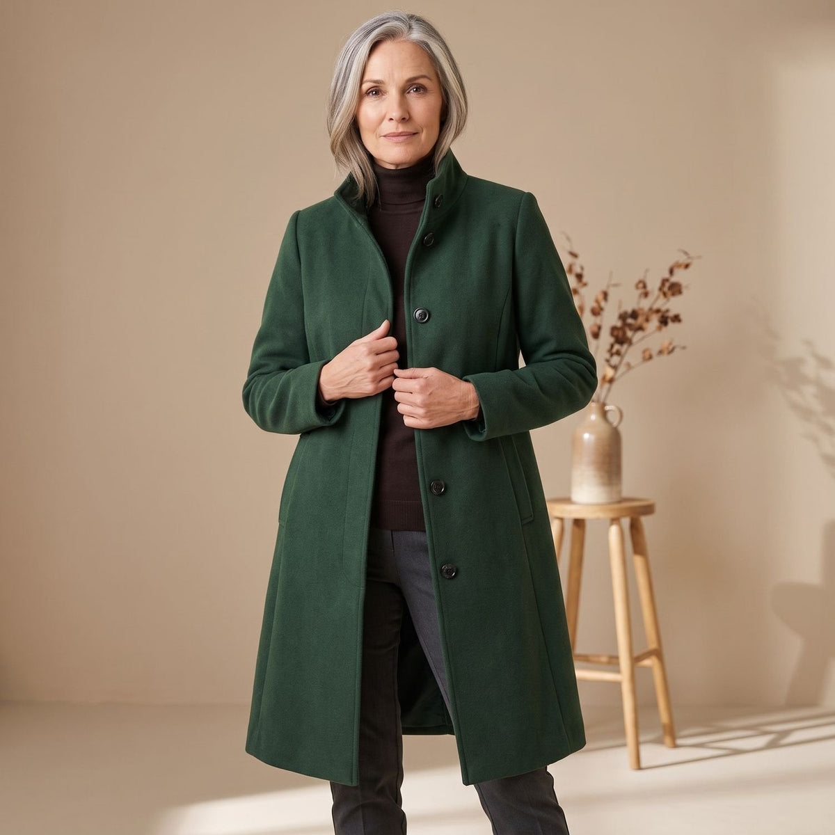 Dara | Women's Stand Collar Wool-Blend Patch Pocket Winter Coat