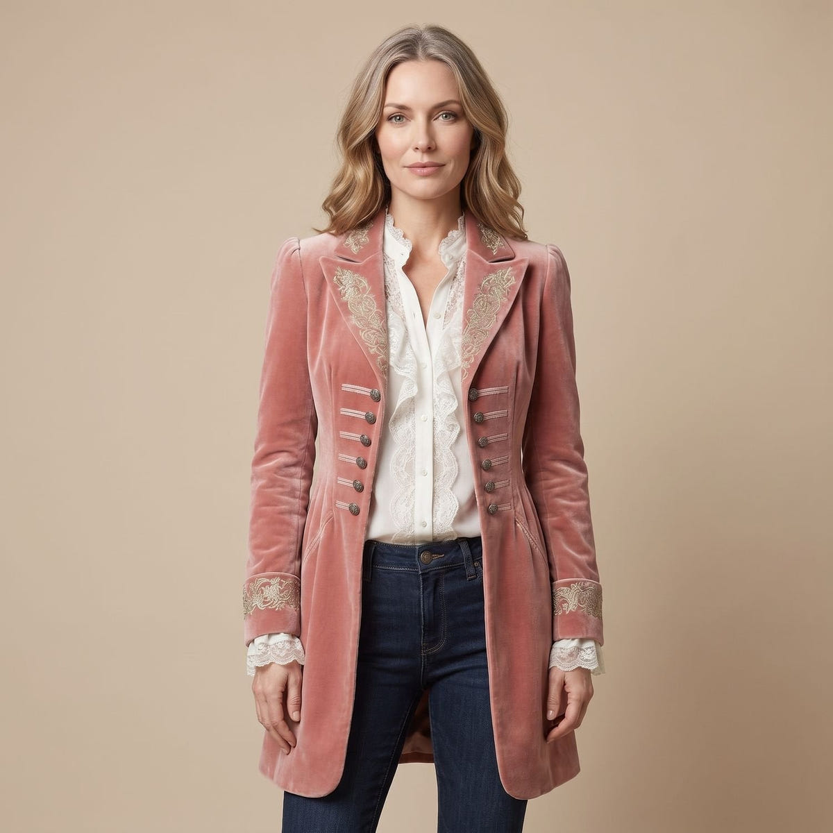 Consuela | Women's Pink Velvet Embroidered Vintage Military Long Coat