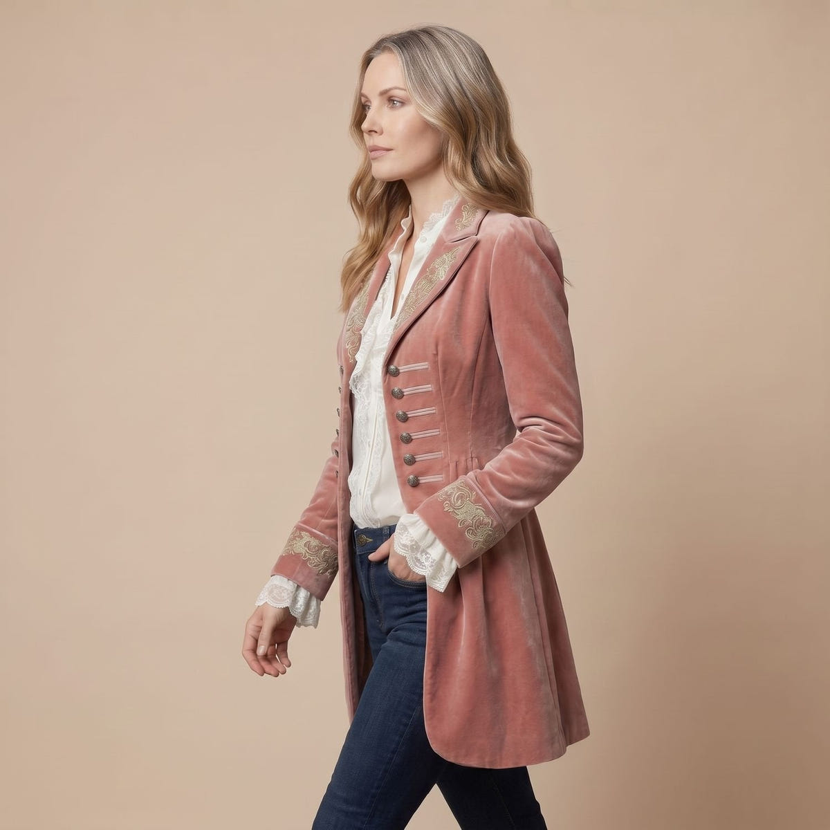 Consuela | Women's Pink Velvet Embroidered Vintage Military Long Coat