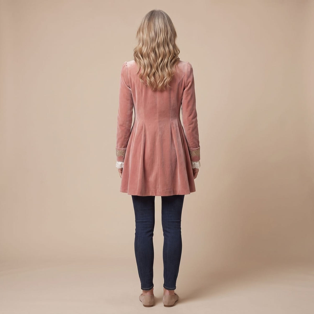 Consuela | Women's Pink Velvet Embroidered Vintage Military Long Coat